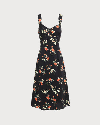 Zwarte Bloemen Maxi Jurk met Ruffles en Spaghetti Straps